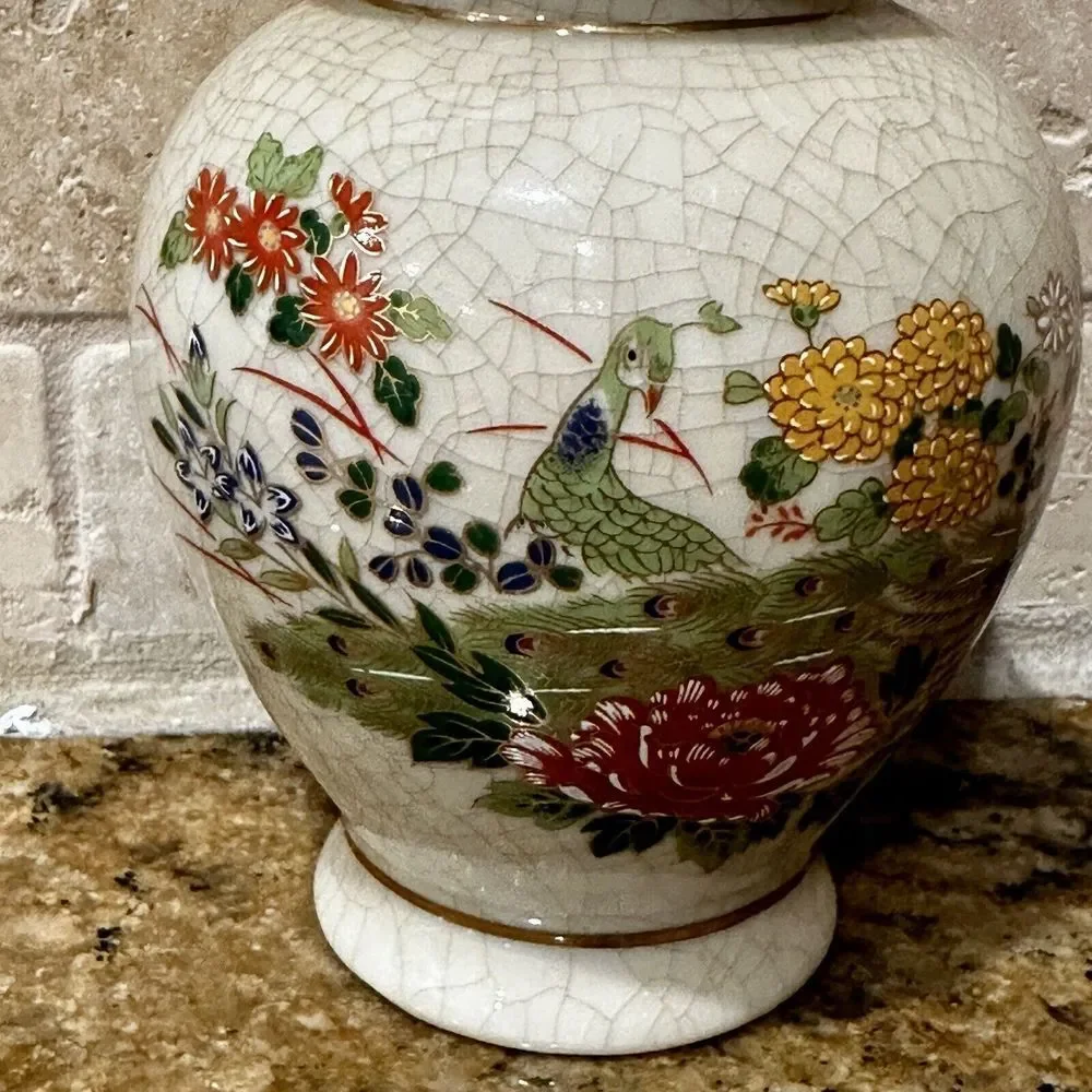 VTG Ginger Jar 6.5 Inch Peacock‎ Flowers OMC Japanese Porcelain Crackle Finish